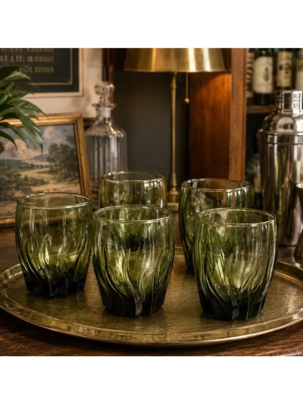 Vintage Green Swirl Tumbler Lowball Glasses Barware Anchor Hocking Set of 5